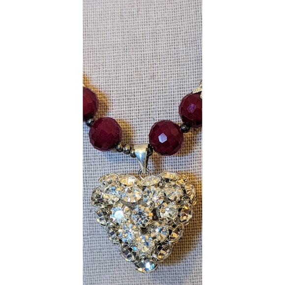Deep Cranberry Red Cut Faceted Glass Bead and Rhinestone Heart Pendant Necklace - Picture 2 of 10